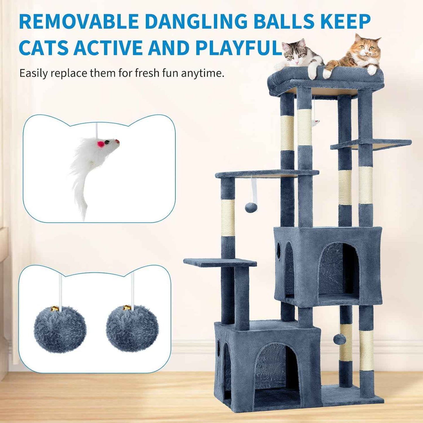 GarveeLife 61" Multi-Level Cat Tree for Indoor Cats, Heavy-Duty Tower for Large Adult & Maine Coon Cats with Oversized Perch, Dual Condos, Natural Sisal Scratching Posts & Play Toys – Light Blue