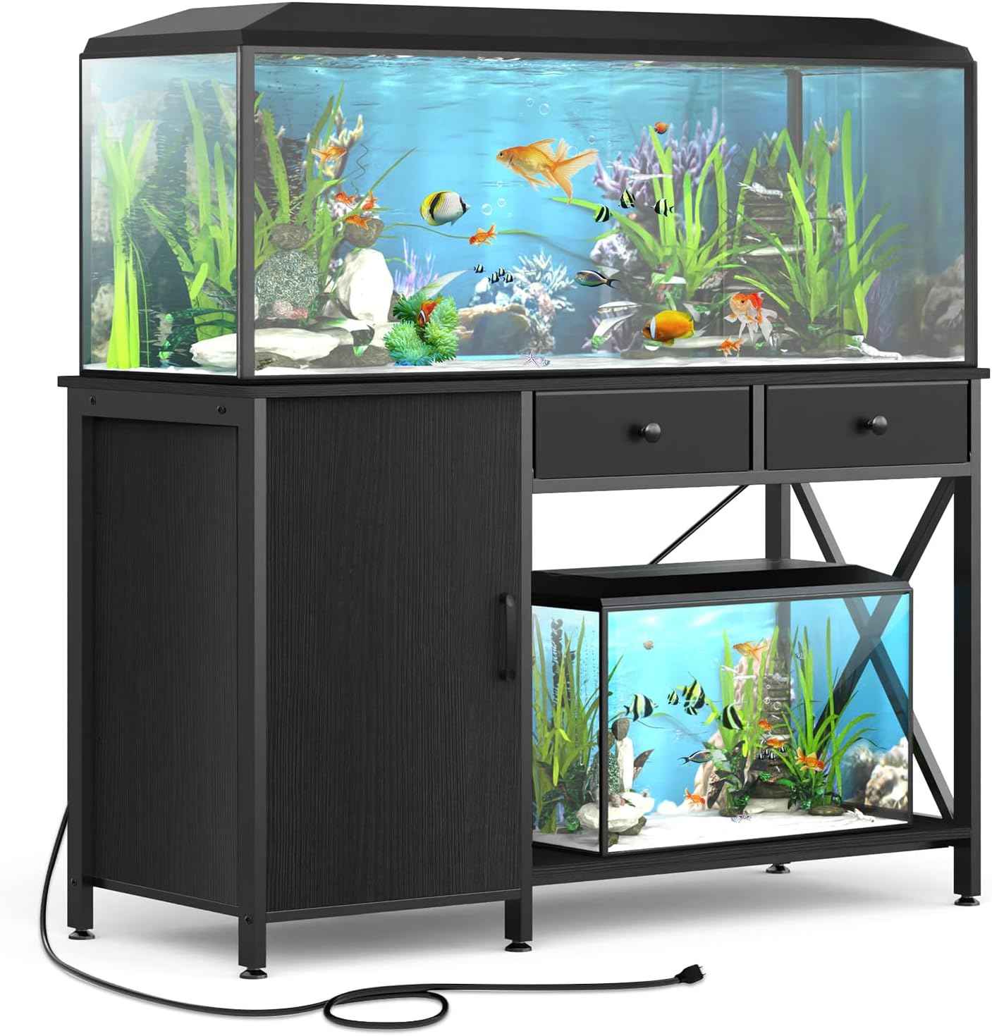 Fish Tank Stand for 55-75 Gallon Fish Tank: Aquarium Stand with Power Outlet - Metal 55 Gallon Tank Stand with Cabinet Drawer Storage for Turtle Tank, Reptile Terrarium (Black 1200LBS Capacity)