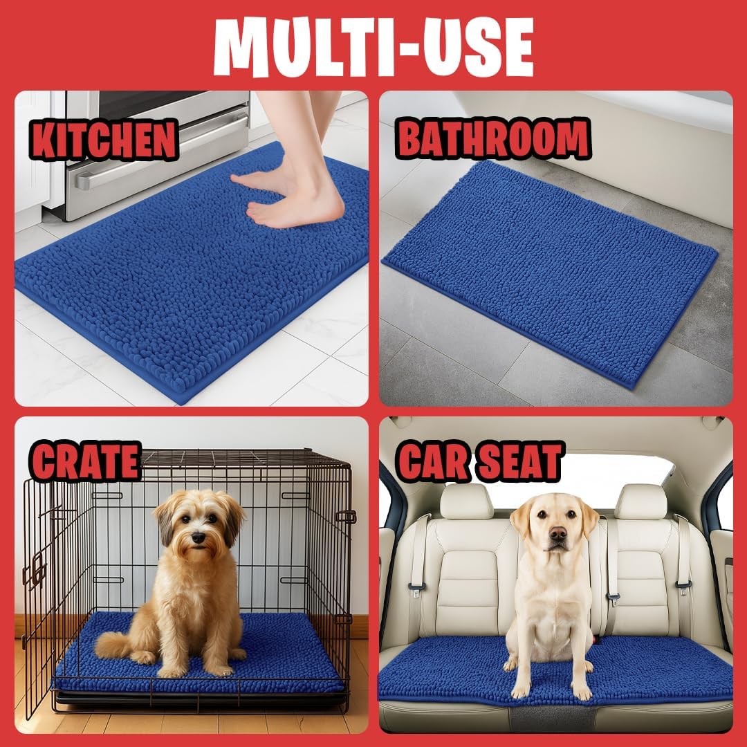 MudGuard Mat™ Dog Door Mat for Muddy Paws, Super Absorbent Microfiber, Non-Slip Indoor Mat, Quick Dry Chenille Mud Mat for Dogs & Entryway, Washable, Navy Blue 19" x 30"