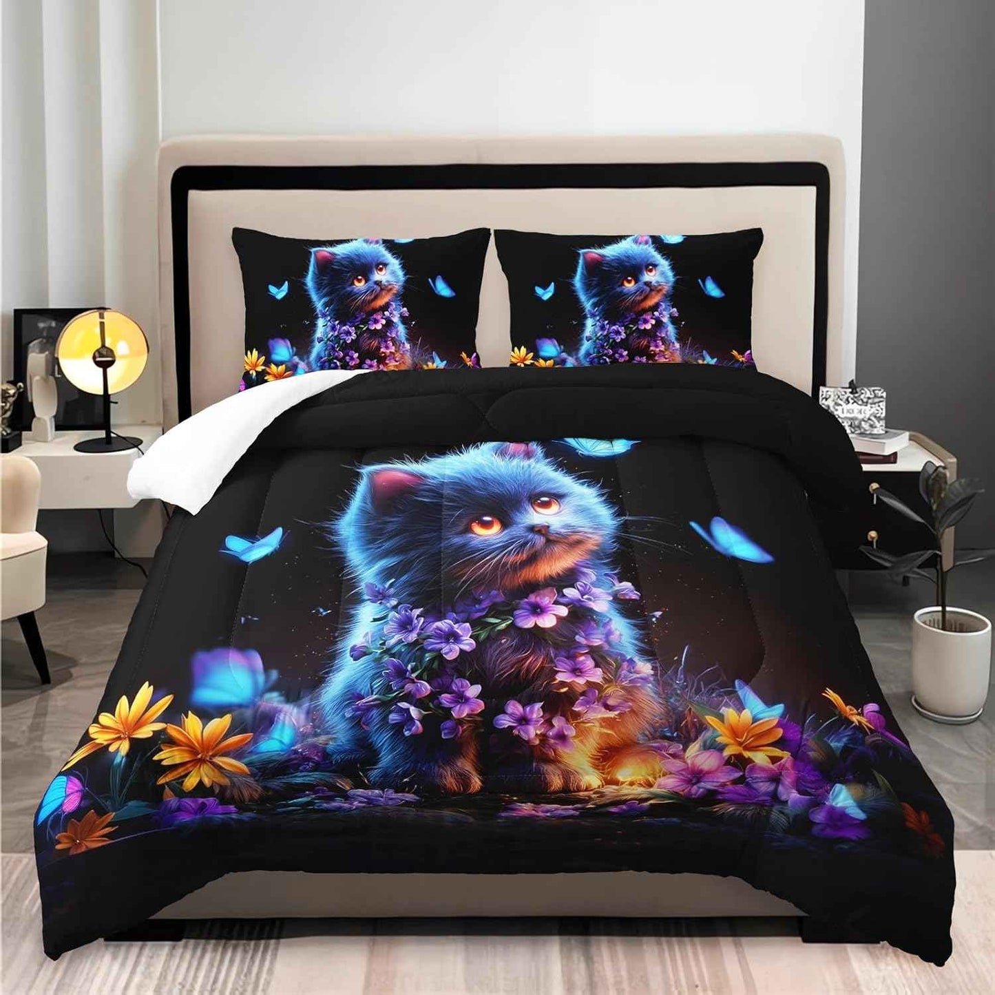 Blue Cat Themed Comforter 3Pcs Twin Mysterious Animal Pet Cat Kitten Butterfly Bedding Set for Kid Teen Girl Boy Adult Dreamy Aesthetics Floral Quilt Bed Decor with 1 Comforter & 2 Pillowcases