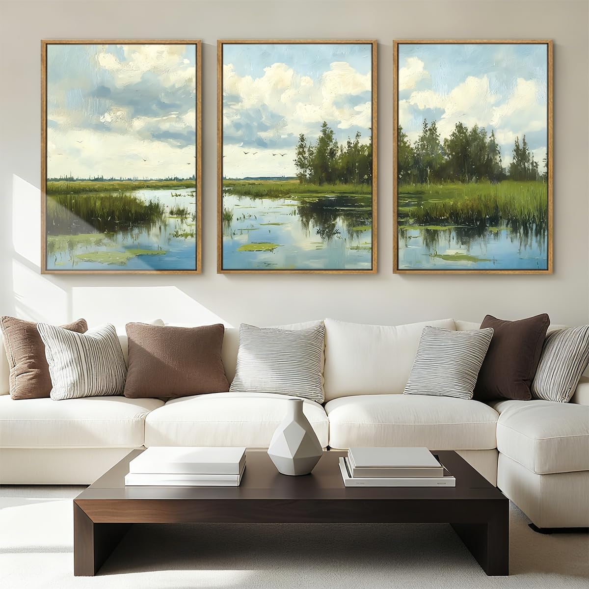 BINCUE Framed Green Nature Wall Art Lake Scenery Wall Decor Landscape Art Print for Living Room Bedroom Office 16 x24 Inches Set of 3