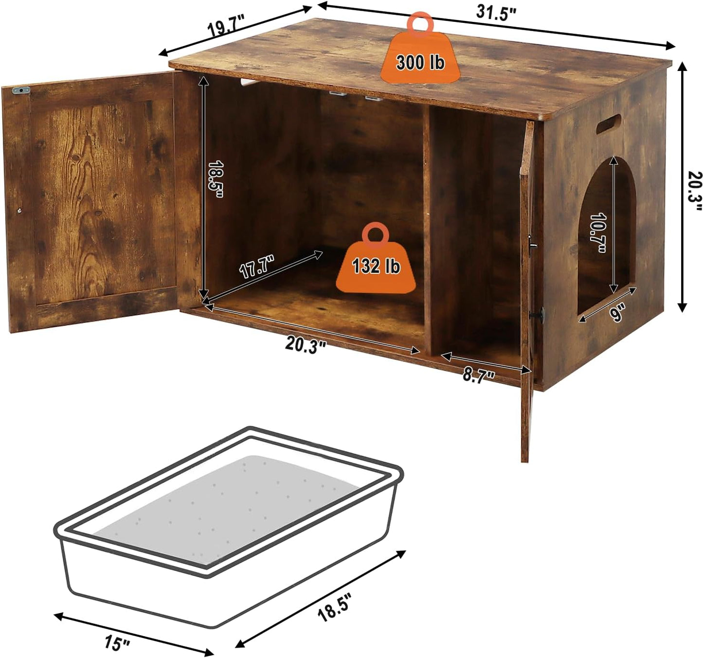 Timberer Cat Litter Box Enclosure, Litter Box Furniture Hidden with Removable Divider, Wooden Cat Washroom Furniture, Indoor Cat House, Rustic Brown