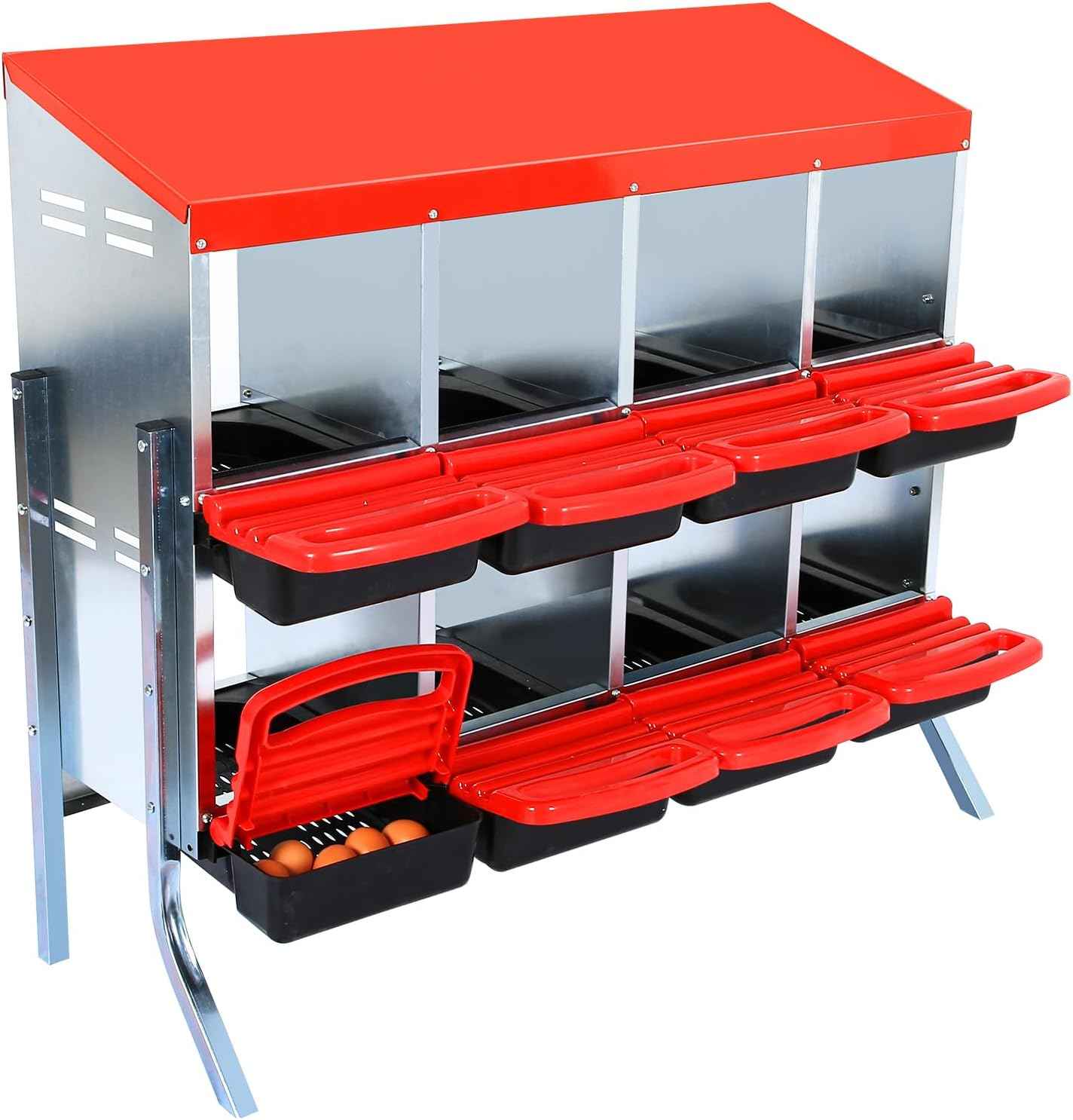 Garvee Chicken Nesting Boxes, 8 Hole Metal Chicken Laying Box with Removable Trays and Roll Out Egg Collection for Chicken Coop, Red, with Metal Legs