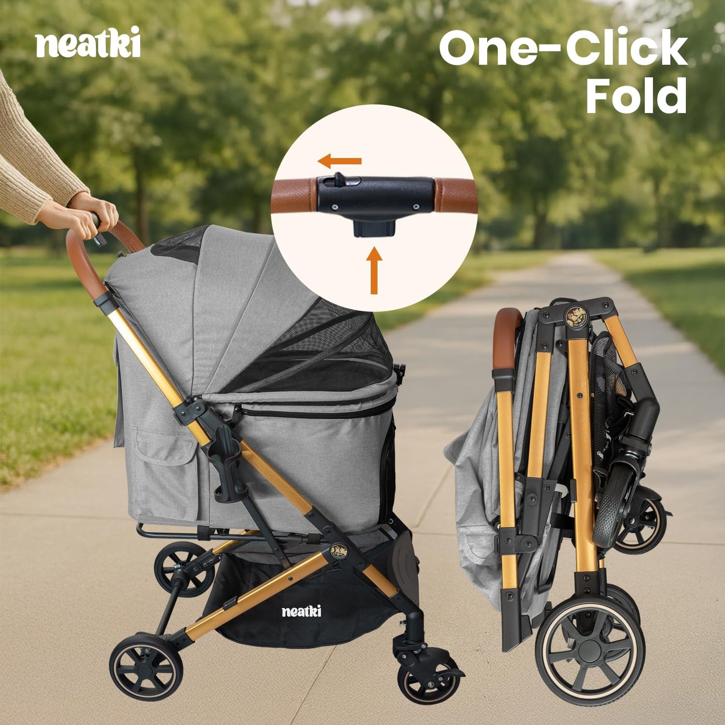 Foldable Pet Stroller for Dogs and Cats, 33 lbs Capacity, 360° Swivel Front Wheels, One-Click Fold, Brake System, Leash & Lock Clips, Removable Washable Padding, and Cup Holder (Gray, 33 lbs)