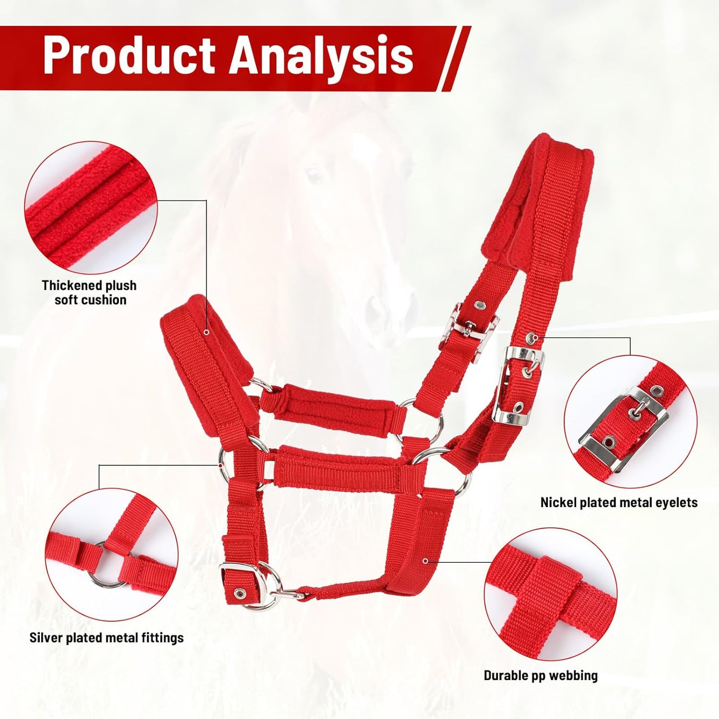 Adjustable Horse Halter with Fleece Padding, Available in Black, Red, Blue