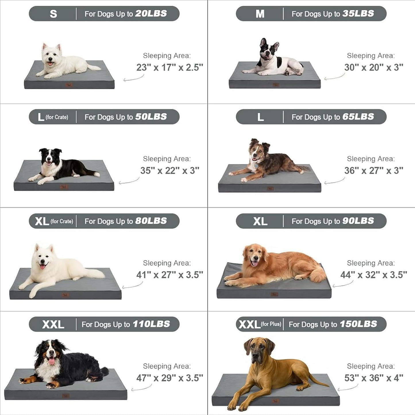 Outdoor Large Dog Bed, Waterproof Dog Bed for Large Dogs, Egg Crate Foam Pet Bed with Removable Washable Oxford Cooling Cover, Grey