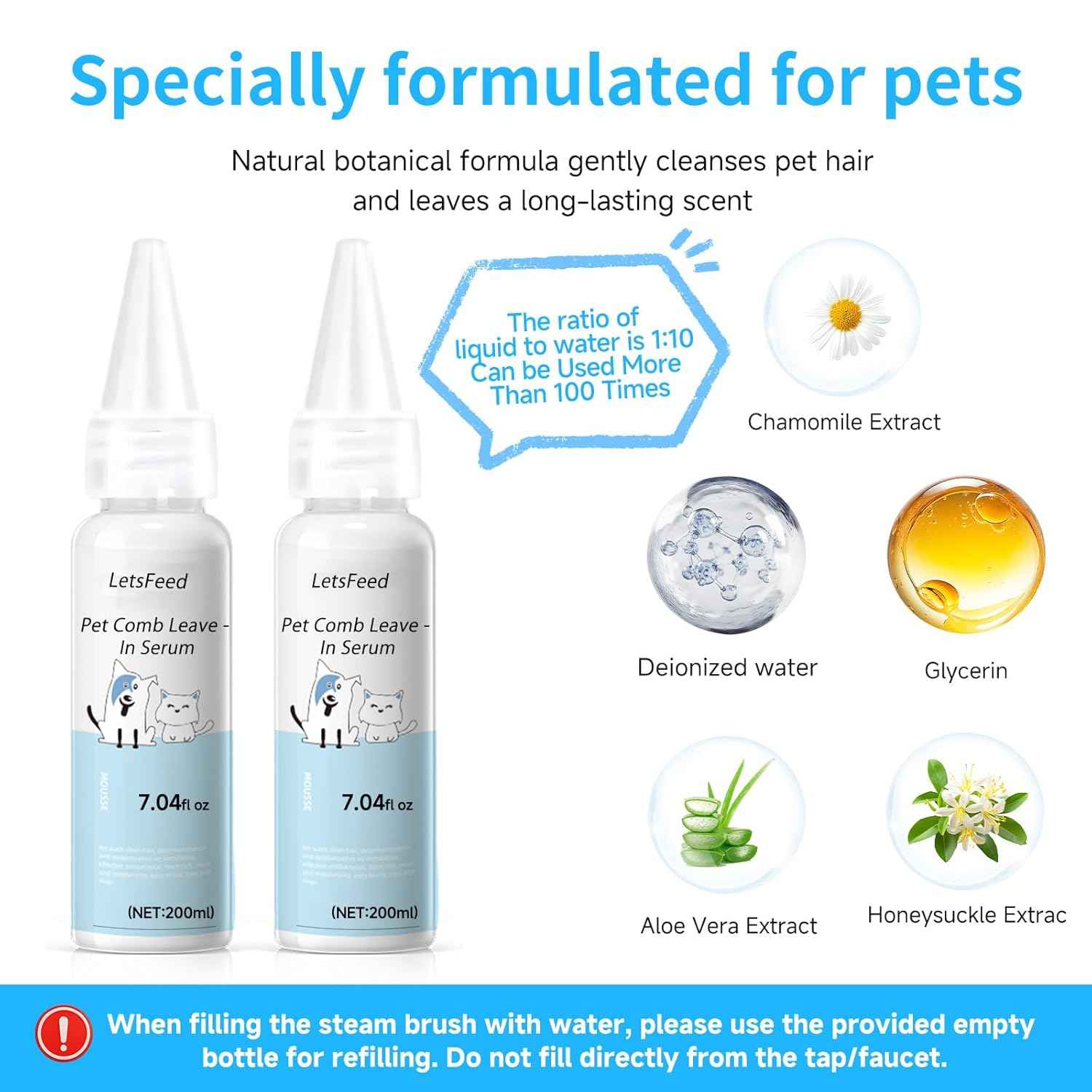 Pet Steam Brush Spray Refill for Dogs & Cats – Concentrated Waterless Shampoo, 3-in-1 Pet Comb Leave-in Serum, Self Cleaning Pet Comb for Shedding & Hair Removal, 2*Shampoo(Steam Brush Not Included)