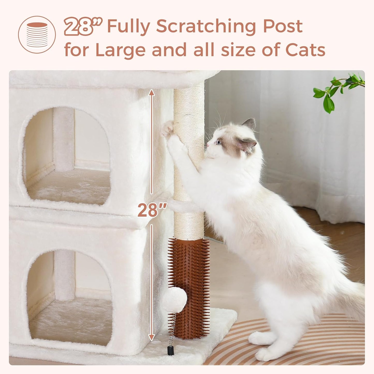 Cat Tree with Large Top Bed 17.7x15.7” Small Cat Tower with Dual Condos,28” Fully Scratching Post and Self Groomer for Indoor Cats-Beige