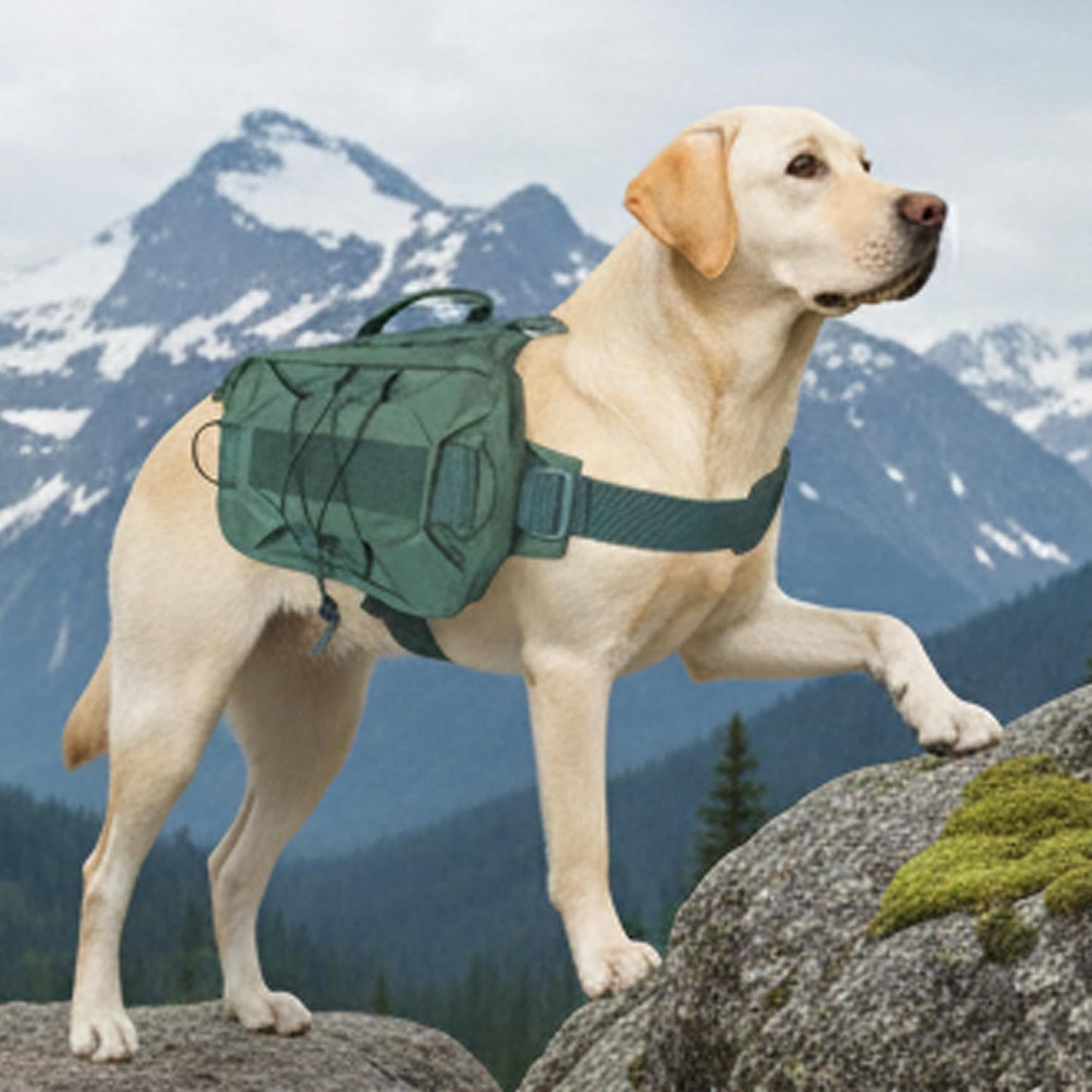 Tactical Dog Backpack Harness – Large, Army Green, 2 Ample Side Pockets | Water Resistant Saddle Bags for Hiking & Camping, Sturdy Vest Fits Medium & Large Dogs