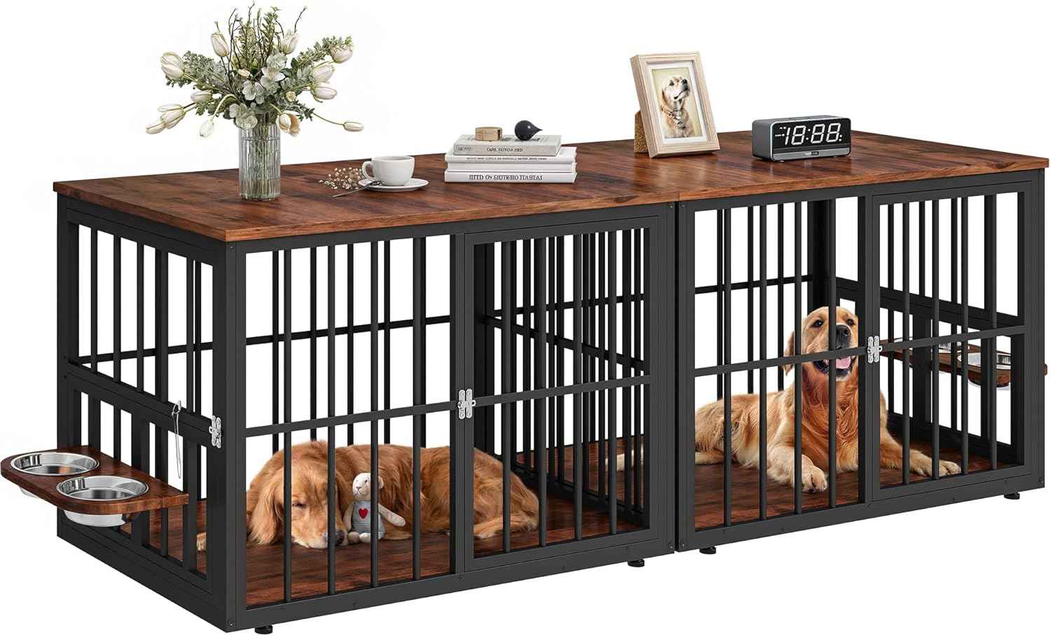 88.6" Large Dog Crate Furniture, Wooden Dog Kennel with Bowls & 3 Doors, Double Crate Furniture TV Stand for Medium Large Dogs, Brown