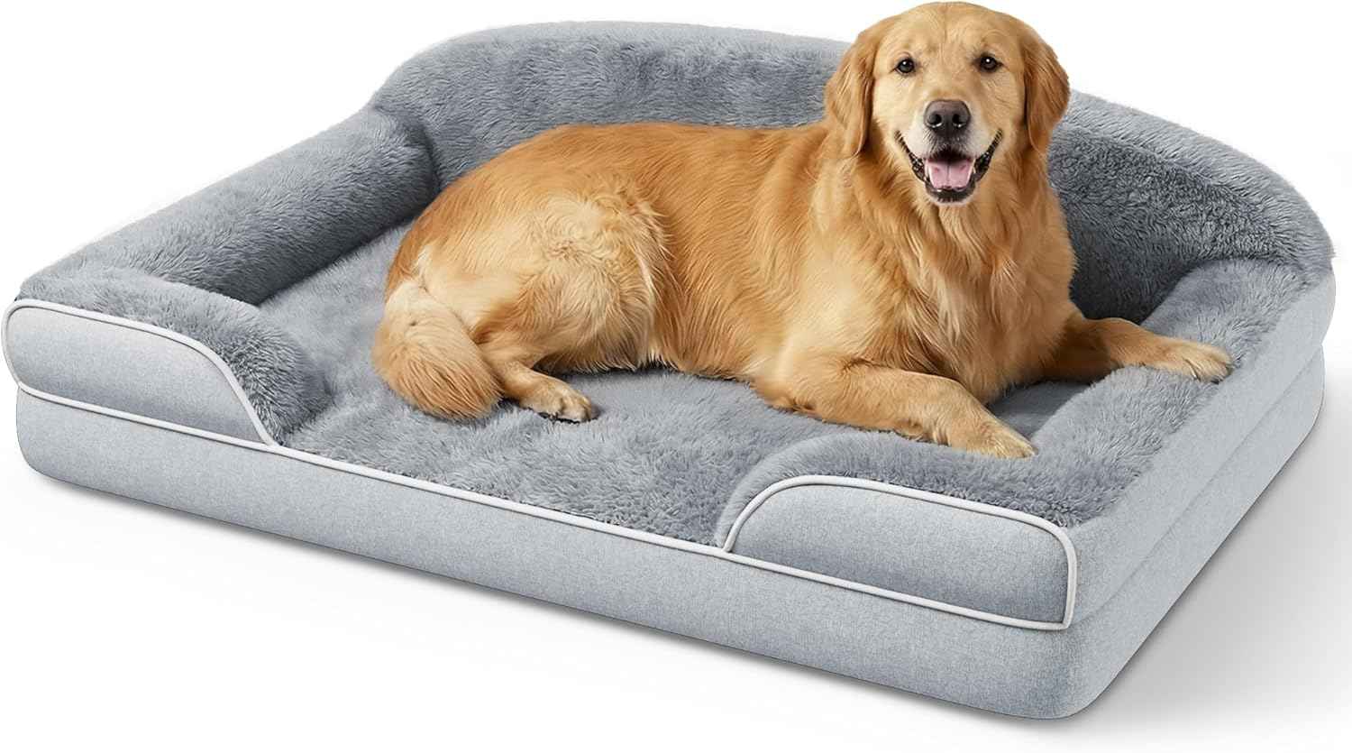Orthopedic Dog Bed for Extra Large Dogs, 45 x 30 Inch Waterproof Egg Crate Foam XL Dog Couch Bed with Sides, Washable Removable Cover, Non Slip Bottom, Light Grey