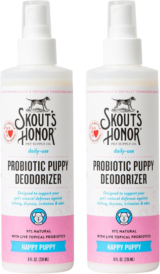SKOUT'S HONOR Pet Deodorizer Spray- Hydrating Daily-Use with Avocado Oil & Omega-3s, Microbiome Friendly Certiified, Paraben & Sulfate-Free, 97% Natural, 8oz, Happy Puppy, 2-Pack