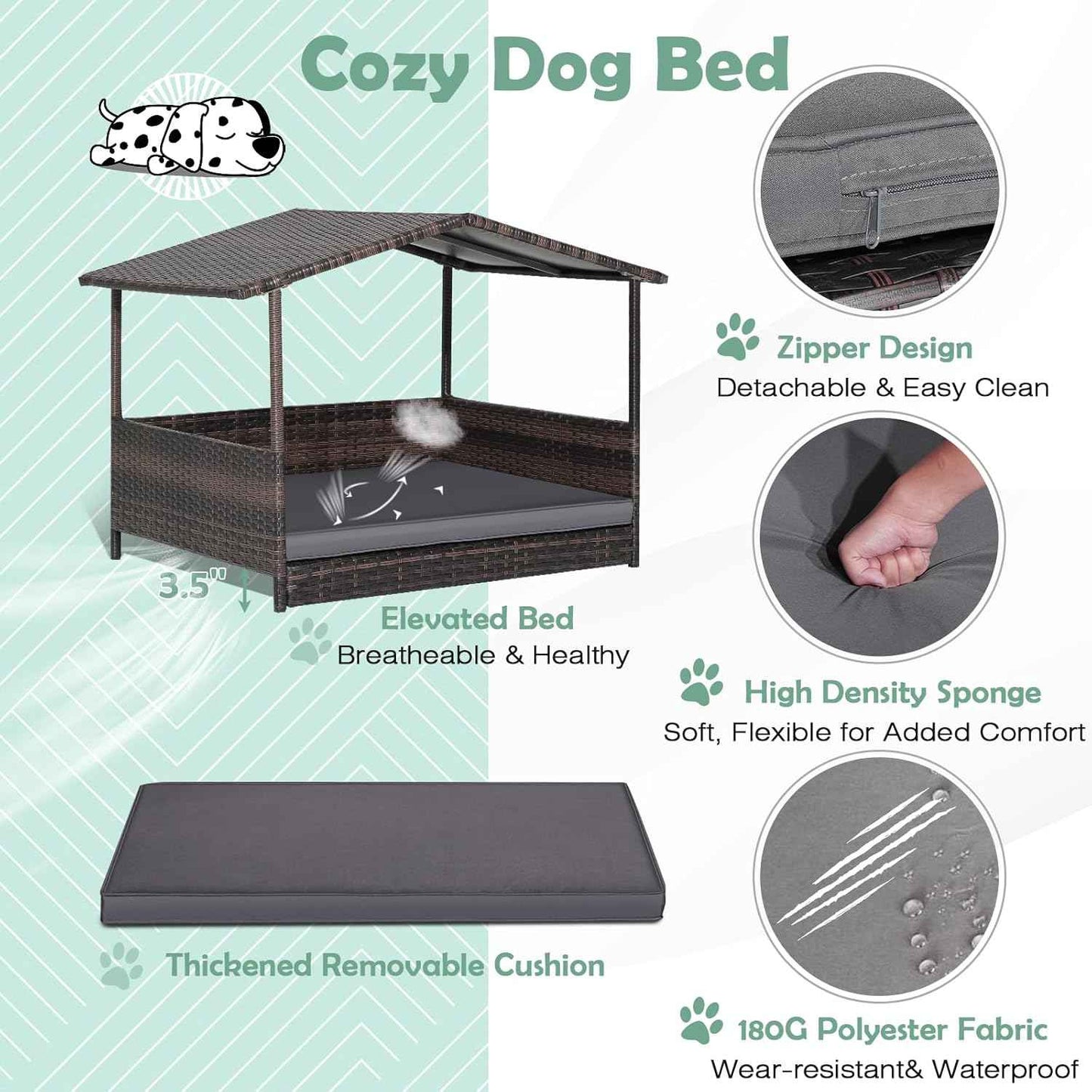Wicker Dog Bed House, Indoor Outdoor HDPE Rattan Dog Houses, Raised Dog Cot Pet House, Elevated Pets Sofa w/Washable Cover, Waterproof Roof Shelter, Removable Cushion Lounge