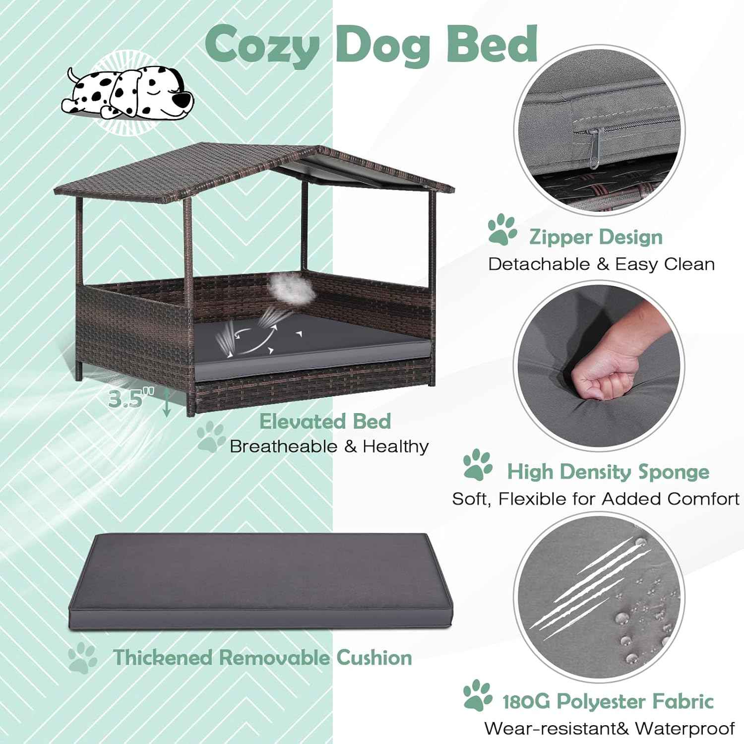 Wicker Dog Bed House, Indoor Outdoor HDPE Rattan Dog Houses, Raised Dog Cot Pet House, Elevated Pets Sofa w/Washable Cover, Waterproof Roof Shelter, Removable Cushion Lounge