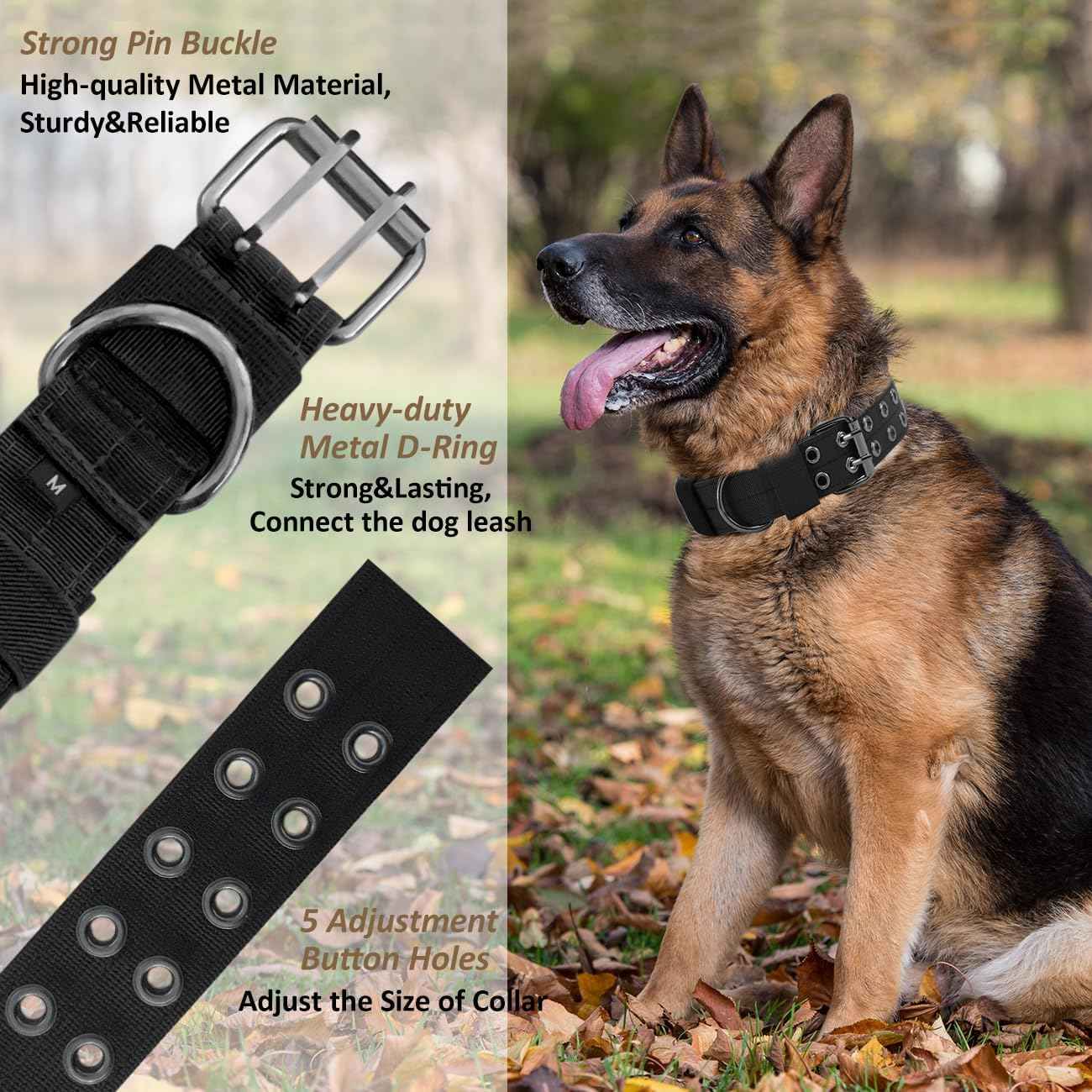 Tactical Dog Collar Military Adjustable Dog Collars Soft Nylon Training Collar with Patch Heavy Duty Metal Buckle Collars for Medium Large Dogs (Black, L)