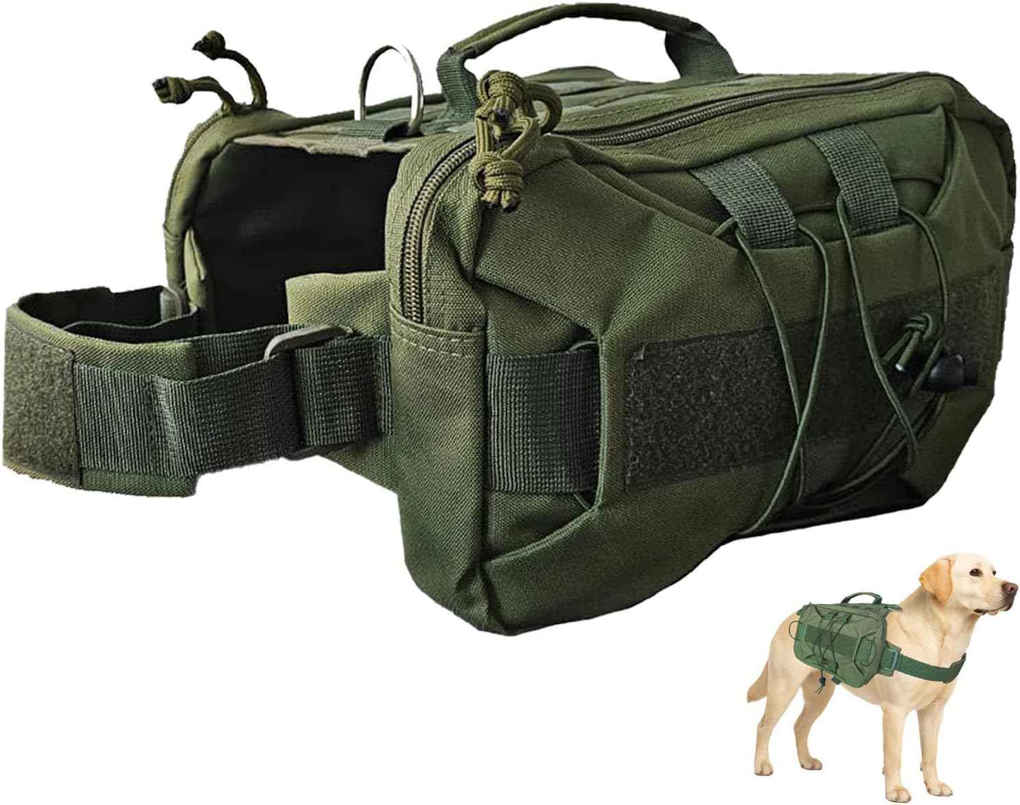 Tactical Dog Backpack Harness – Large, Army Green, 2 Ample Side Pockets | Water Resistant Saddle Bags for Hiking & Camping, Sturdy Vest Fits Medium & Large Dogs