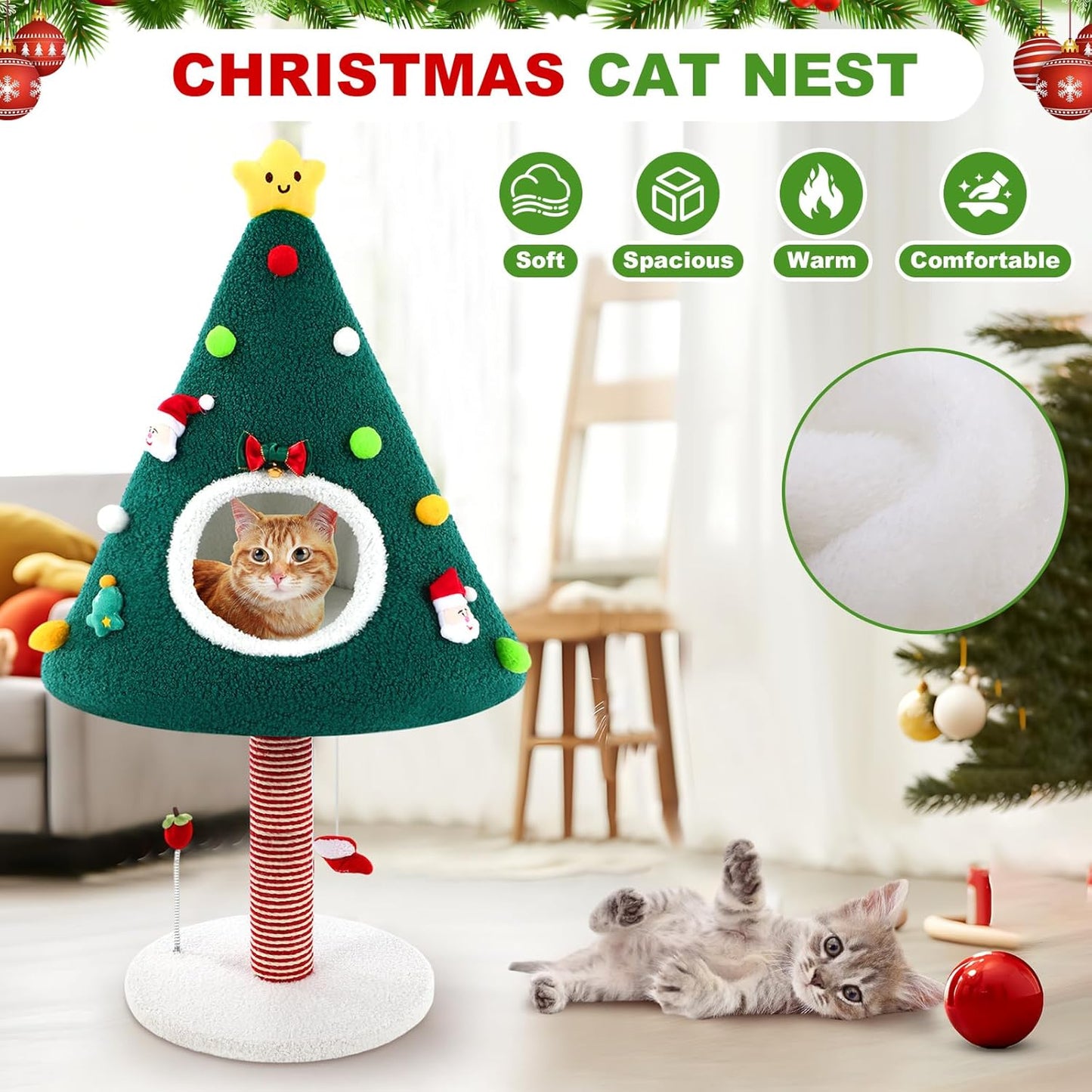 Dansydaisy 36.6 Inch Christmas Cat Tower with Cat Scratching Post and Green House Scratcher Tall Tree Tower Nature Sisal Christmas Tree Scratcher Activity Center Play Condo for Indoor