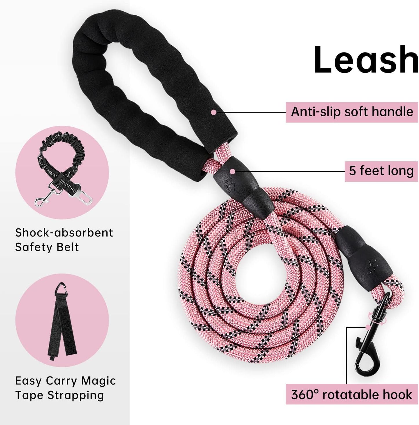 IVY&LANE No Pull Dog Harness for Medium Dogs, Dog Vest Harness with Leash, Safety Belt and Storage Strap, Fully Adjustable Harness, 360° Reflective Strip, Soft Handle (Pink, M)