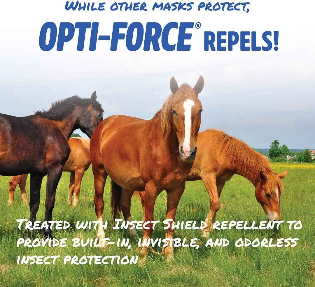 Opti-Force Horse Fly Mask - Insect Shield Repellent UV Protected Clear-View Mesh, Permethrin Treatment, Reflective Night Vis, Lightweight No-Ears Design, Standard Size, Adjustable Straps