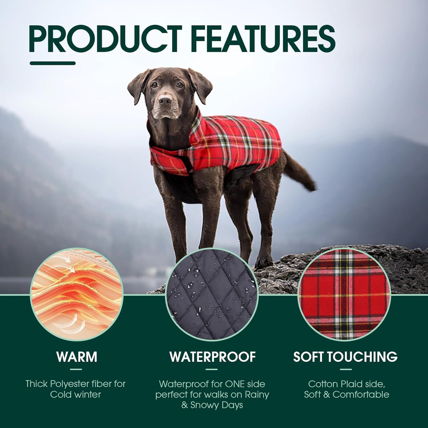 Kuoser Waterproof Dog Coat, Reversible Dog Jacket for Large Dogs, Adjustable Durable Doggie Winter Coat for Groowing Puppies Warm Puppy Cold Weather Apparel, Bright Red L