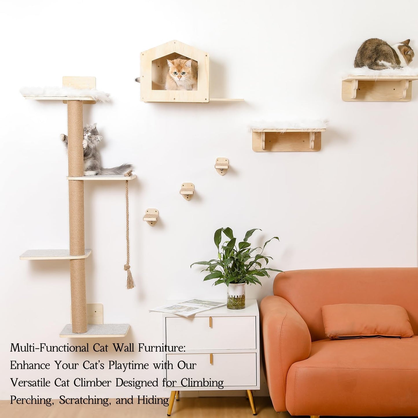 Cat Wall Shelves, Wood Wall Mounted Cat Furniture with 4 Tier Cat Tree,1 Cat Wall House,2 Cat Perches and 3 Wall Steps,Climbing Cat Shelves for Wall Large Cats Set