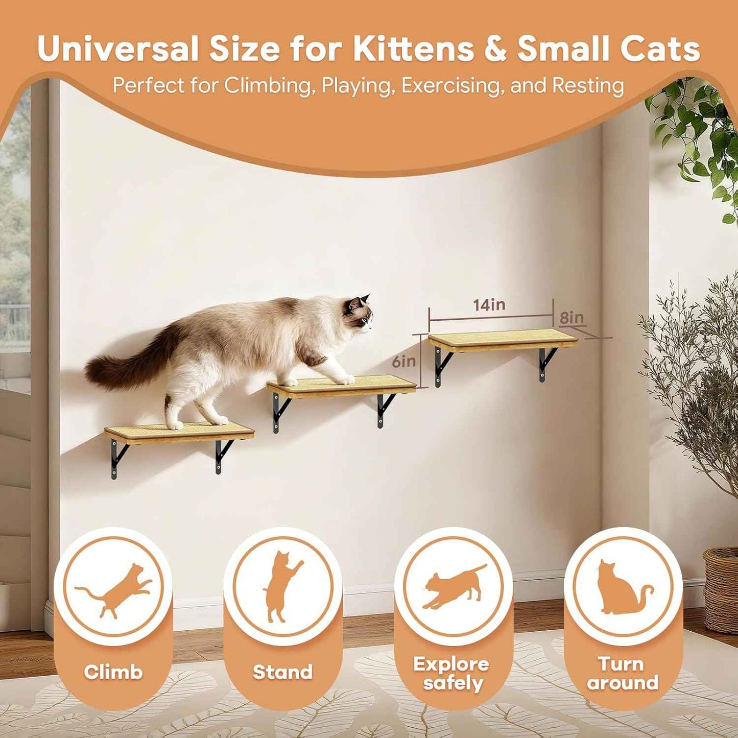 3Pcs 14"×8" Large Cat Wall Shelves - Wall Mounted Cat Shelves, Natural Wood with Fixtures for Large Cats and Kittens for Household Pets Sleeping, Playing, Climbing