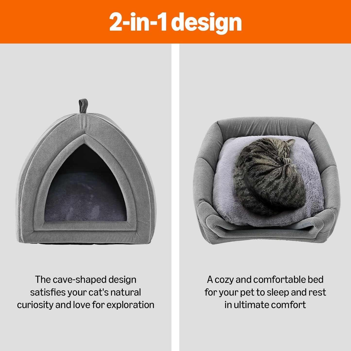 Amazon Basics Cat Cave Bed, 2-in-1 Foldable House for Indoor Cats, with Washable Cushion and Non-Slip Base, 17.5 x 17.5 Inches, Large, LightGray