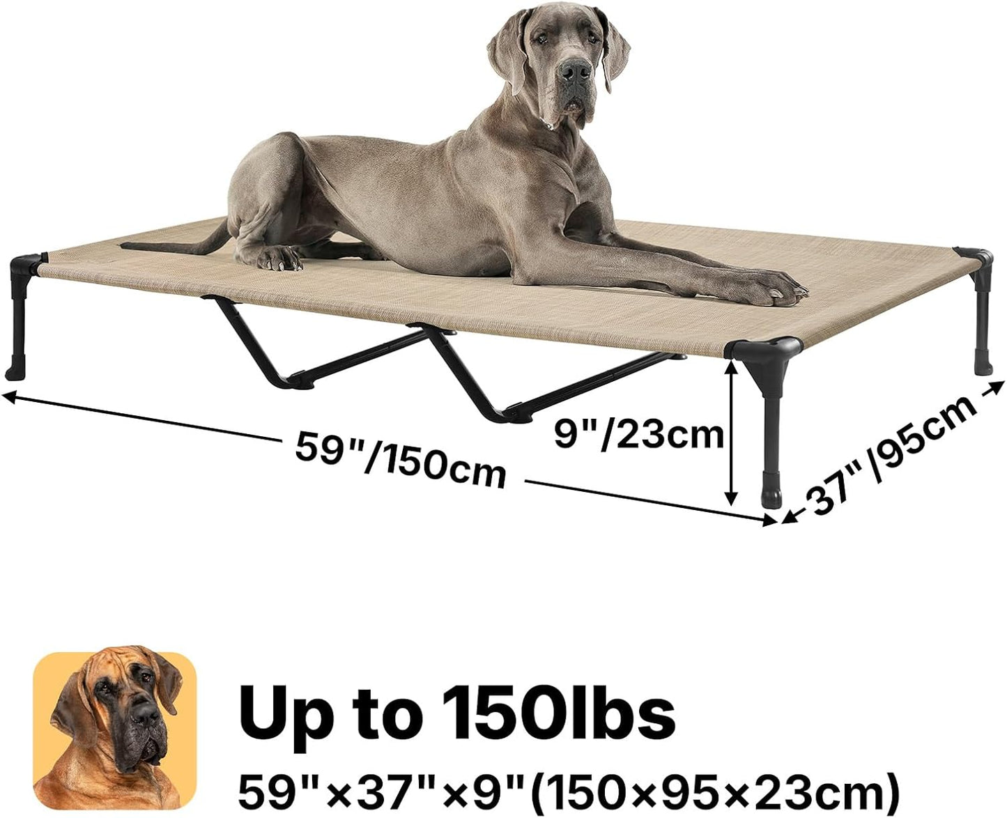 Veehoo Outdoor Elevated Dog Cot Bed-Cooling Raised Pet Bed for XX-Large Dog, Washable Breathable Mesh Hammock Bed with No-Slip Feet,Indestructible Ground Off Training Platform Cot-59x37.5 Beige Coffee