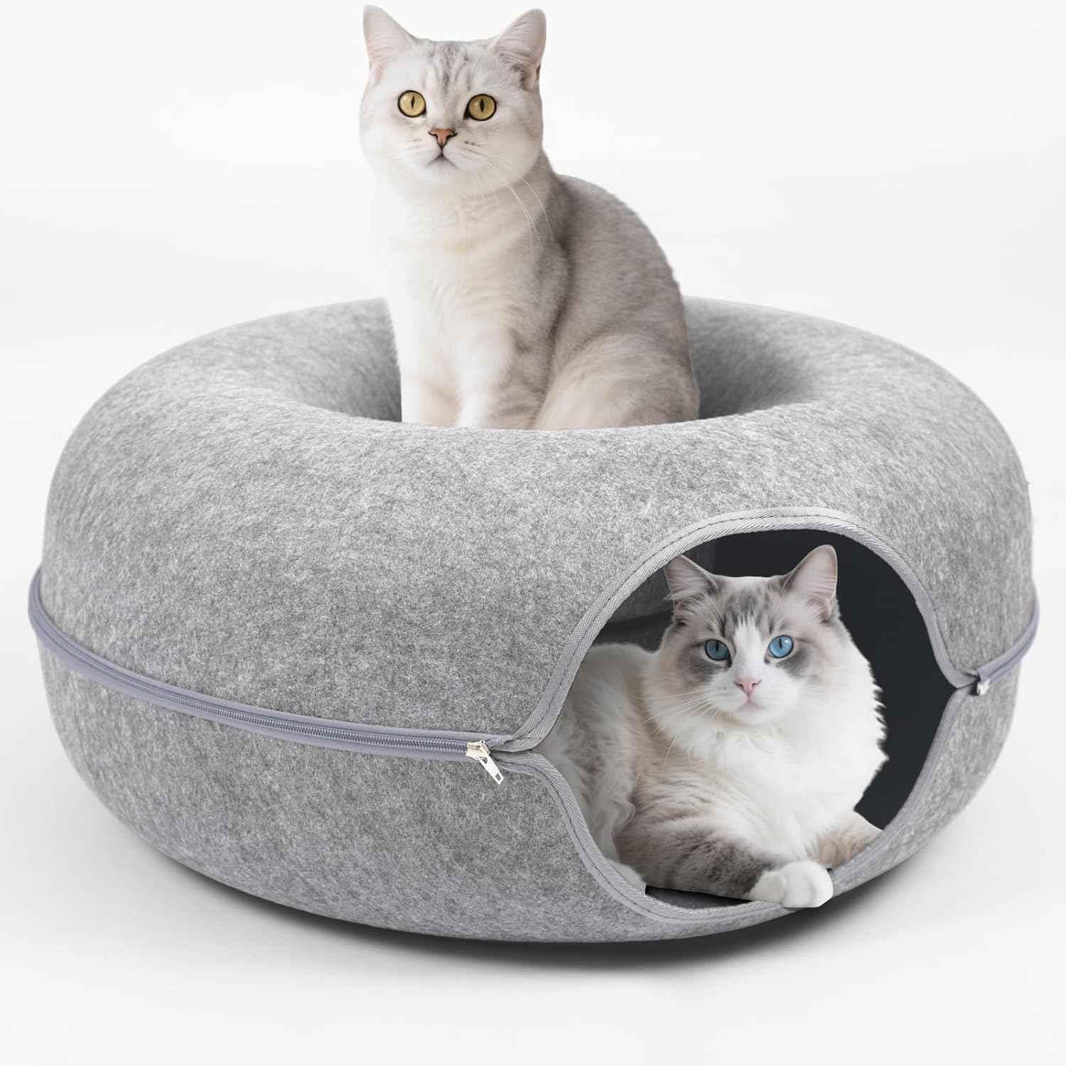 Cat Caves for Indoor Cats, Large Cat Tunnel for Multiple & Large Cats, Scratch Detachable Peekaboo Cat Cave Bed, Kitten Donut Kitty Hideaway Up to 45 Lbs