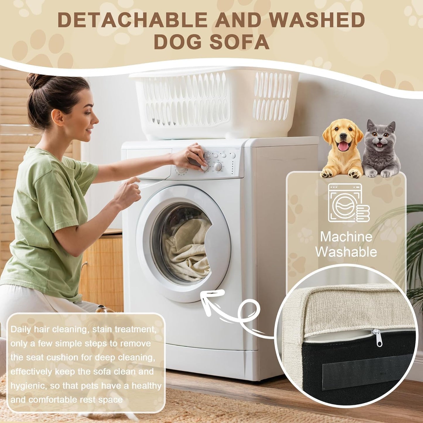 Dog Sofa Couch for Medium Dogs, 39" Memory Foam Pet Couch with Washable Fabric Removable Cushion, Sofa Bed for Medium Dogs, Beige Grey