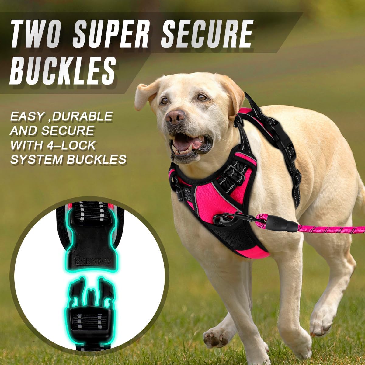 BARKBAY No Pull Dog Harness Front Clip Heavy Duty Reflective Easy Control Handle for Large Dog Walking(Pink,XL)