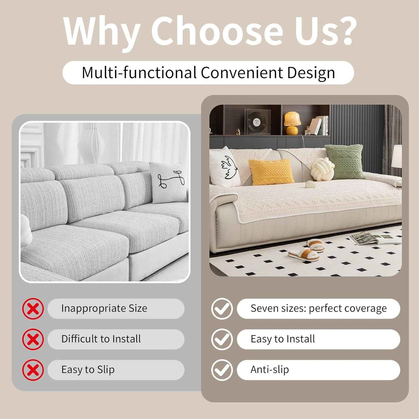 Geometric Jacquard Plush Warm Sofa Couch Cover, Soft Funny Fuzzy Couch Covers, Non Slip Sectional Sofa Slipcover, Cozy Washable Furniture Protector for Kids, Pets (Beige White, 36"x 94")