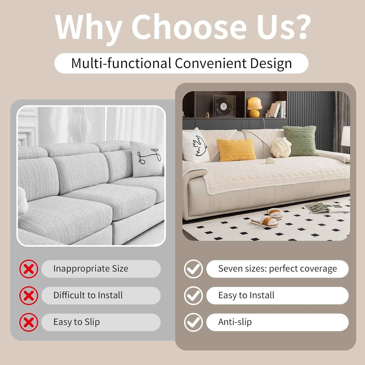 Geometric Jacquard Plush Warm Sofa Couch Cover, Soft Funny Fuzzy Couch Covers, Non Slip Sectional Sofa Slipcover, Cozy Washable Furniture Protector for Kids, Pets (Beige White, 36"x 94")