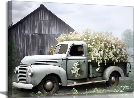 Rustic Truck Canvas Wall Art Vintage Farmhouse Sage Green Blush Petunia Painting Picture Wall Decor Country Landscape Poster Print Artwork for Farm Bedroom Office Living Room Home Decoration