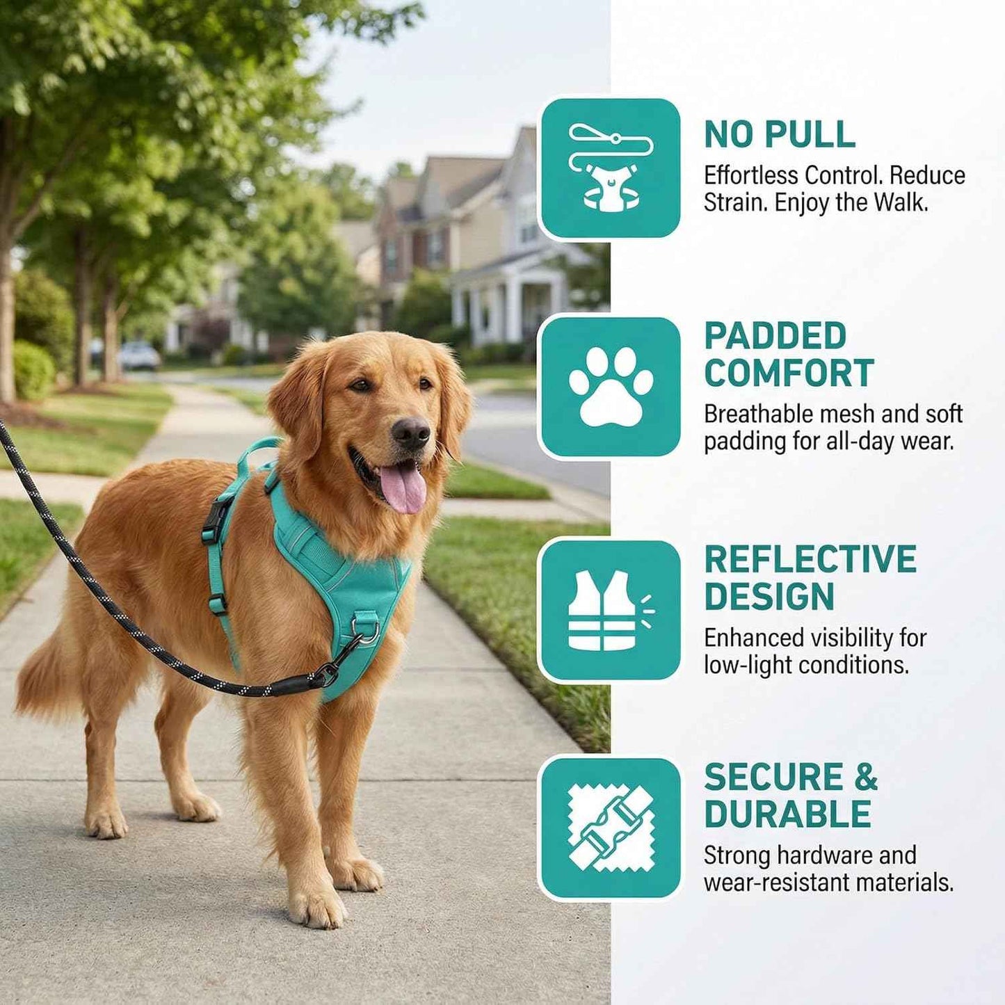 No Pull Dog Harness with 2 Leash Clips, Adjustable Soft Padded Reflective Oxford Pet Vest with Easy Control Handle for Large Dogs (Turquoise, Medium)