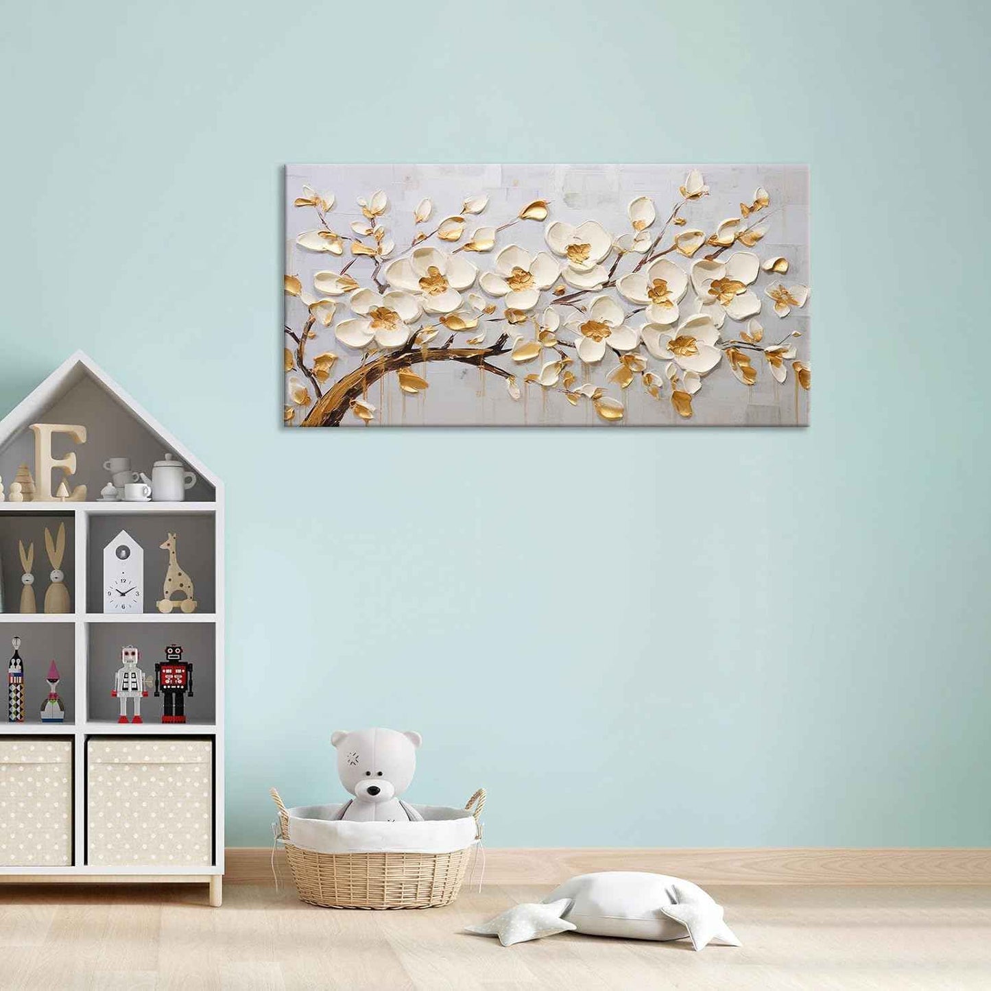 Large Original Gold White Tree Of Life Wall Art Acrylic Abstract Flower Painting Prints Modern Tree Artwork Picture Decor for Living Room Office Home Decorations 24x48inch Framed