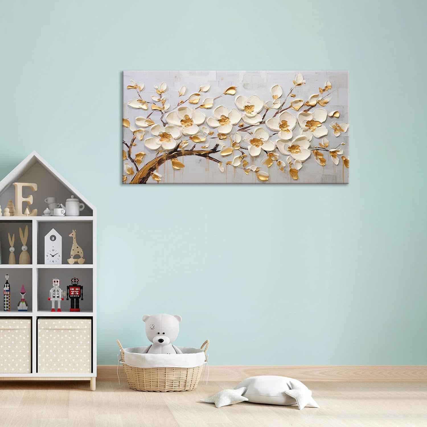 Large Original Gold White Tree Of Life Wall Art Acrylic Abstract Flower Painting Prints Modern Tree Artwork Picture Decor for Living Room Office Home Decorations 24x48inch Framed