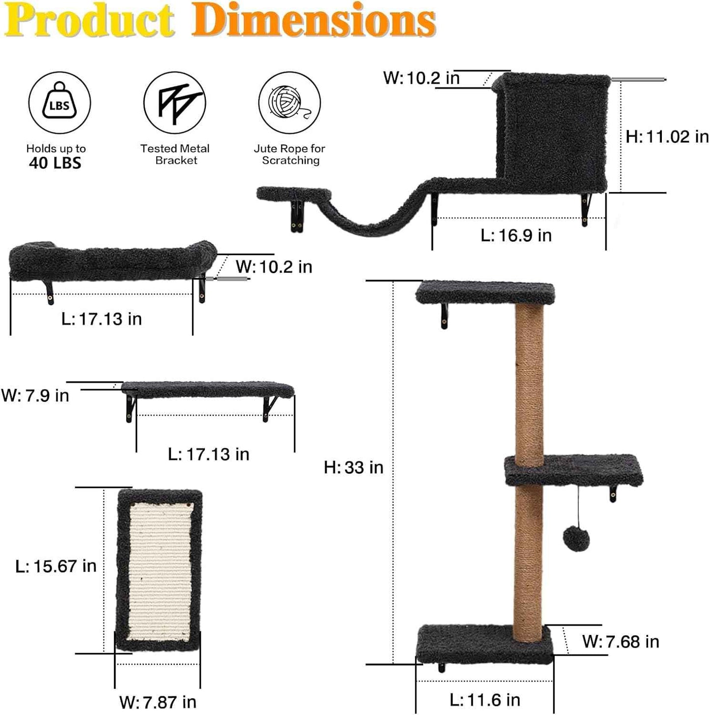 5-in-1 Cat Wall Shelves for Indoor Cats, Wall Mounted Cat Furniture with Bed, Cave, Scratching Post & Perch, Multi-Level Cat Climbing Wall, Space Saving Floating Cat Shelves (Natural Wood Darkgrey)