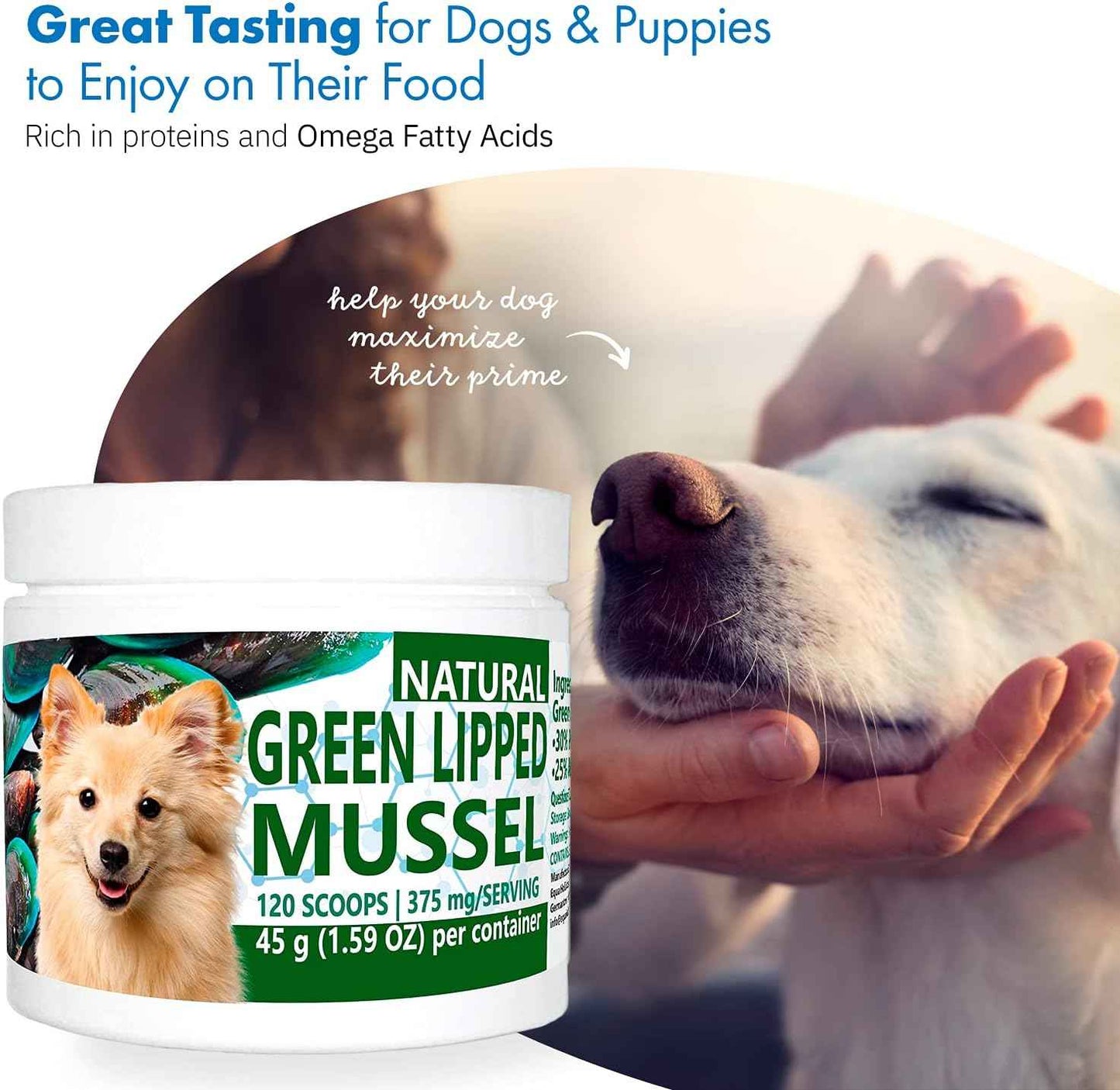 Green Lipped Mussel Powder for Dogs, All-Natural Hip & Joint Support Dietary Supplement Formula for Dogs (120 Servings)