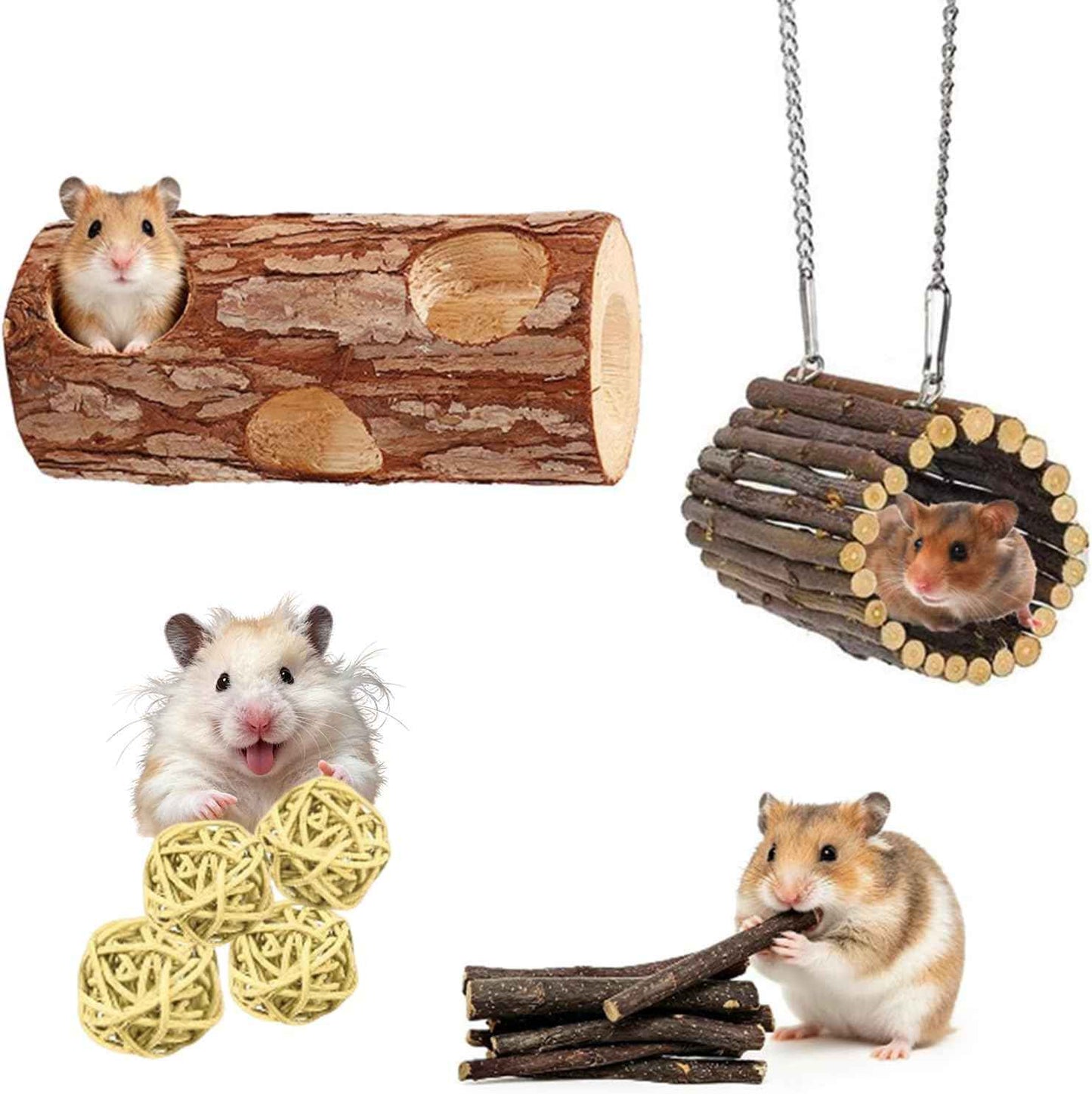 Natural Wooden Hamster Tunnels & Hideouts – Chew-Safe Birch Trunk Tubes for Dwarf Hamsters, Gerbils, Mice – Cage Accessories, Exercise Toy, Forest-Themed Small Pet Habitat (4pcs)