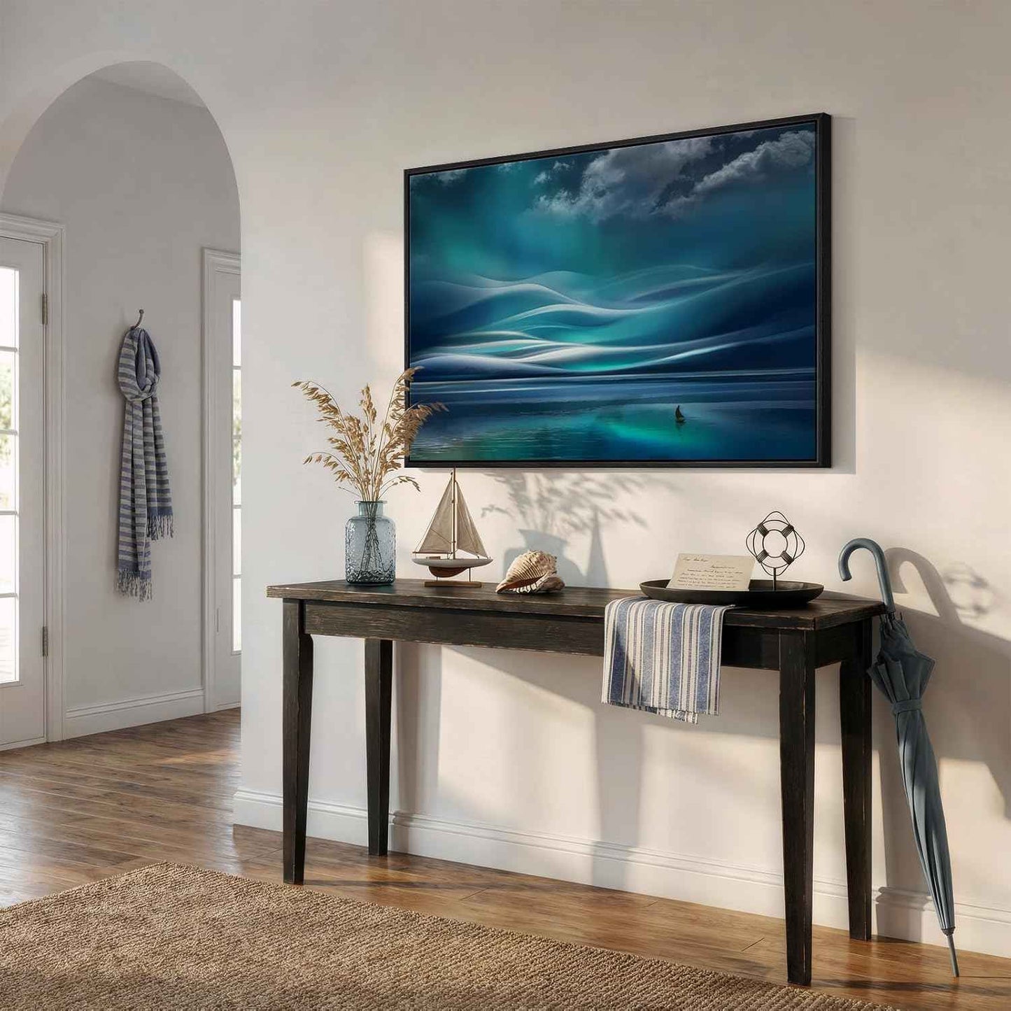 Black Framed Coastal Sailboat Canvas Wall Art, Teal Ocean Landscape Prints Paintings Artwork for Walls, Nautical Wall Decor for Bedroom, Dining Room, Bathroom, Office, Kitchen, Living Room 24x36 In