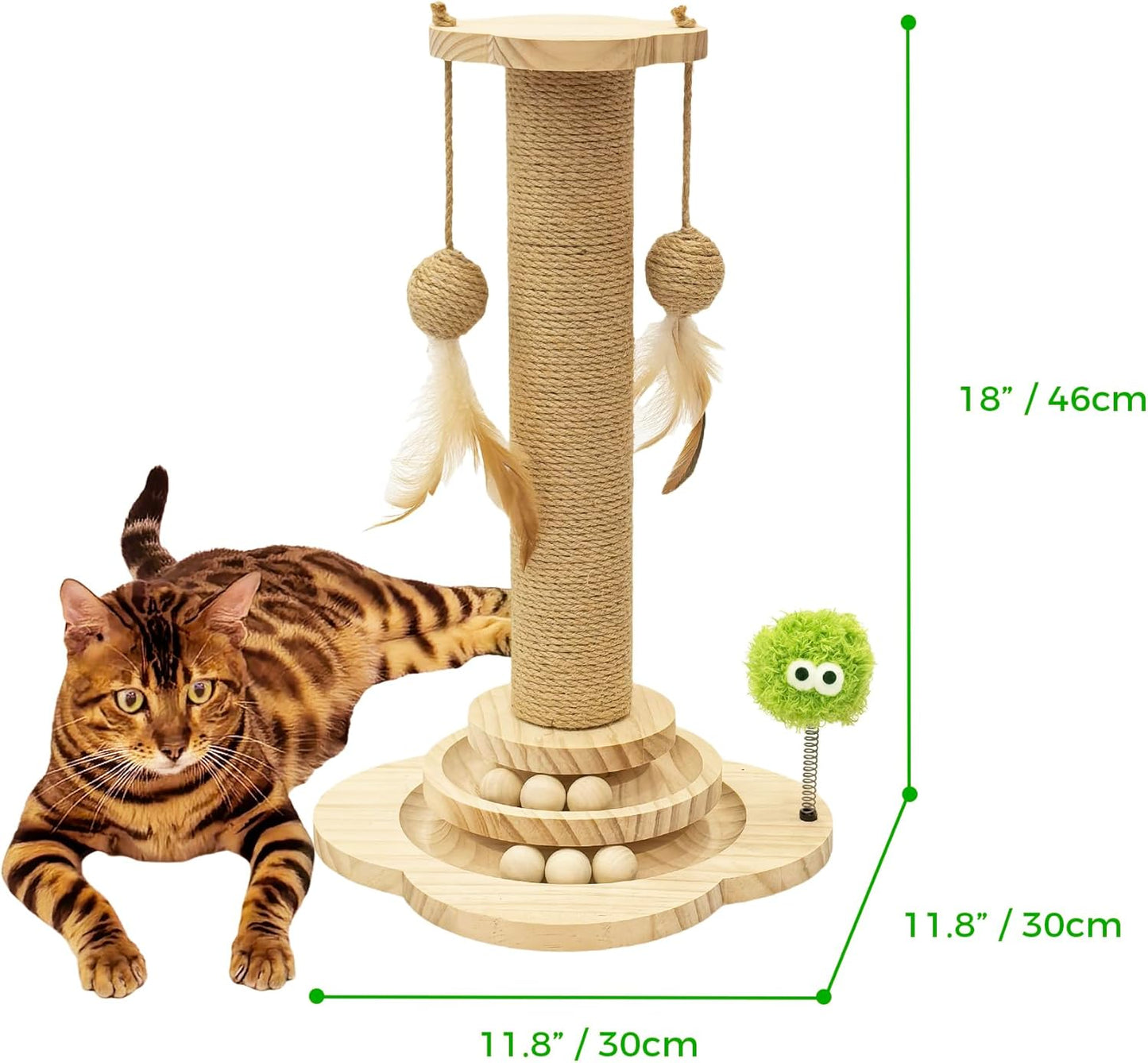 TINYBEAST Wooden Cat Scratching Post fot Kittens, 4 in 1 Cat Scratcher Toy with Cat Ball Tracks, 18" Tall Sisal Scratch Post for Indoor Kittens, Interactive Feather Toy and 2 Sisal Hanging Balls