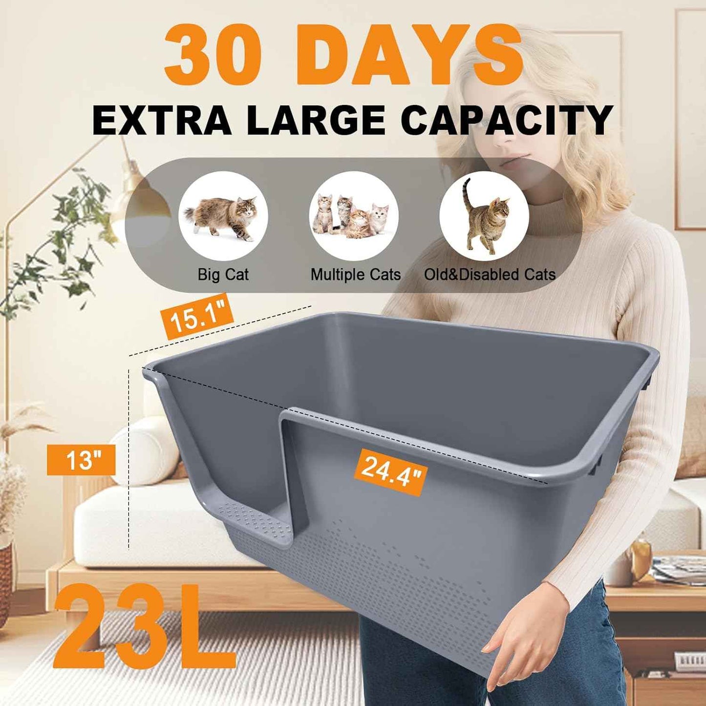 Jumbo Cat Litter Box with High Sides,24.4" L× 15.1" W× 13.0" H,Extra Large Litter Boxes for Big Cats & Kittens,XL Cat Pan,Indoor Pet Toilet with Tall Sides,Easy to Clean,Anti-Splashing(Grey)