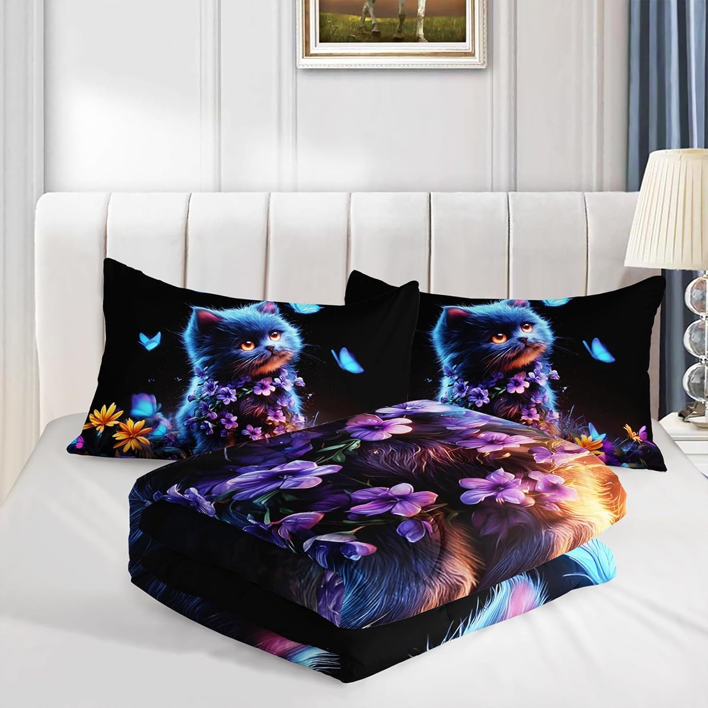 Blue Cat Themed Comforter 3Pcs Twin Mysterious Animal Pet Cat Kitten Butterfly Bedding Set for Kid Teen Girl Boy Adult Dreamy Aesthetics Floral Quilt Bed Decor with 1 Comforter & 2 Pillowcases