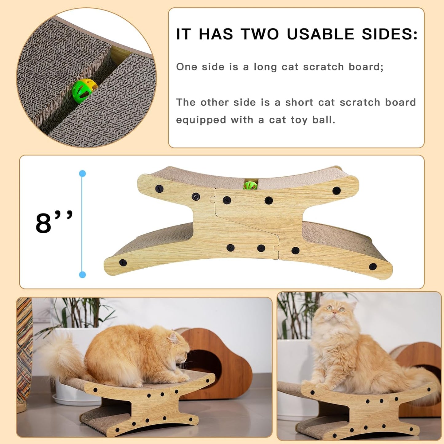 Reversible Cat Scratcher Bed, Large Scratching Board for Indoor Cats - Cardboard Pad & Durable Cat Scratcher Lounge Hammock Furniture, Natural Wood Color