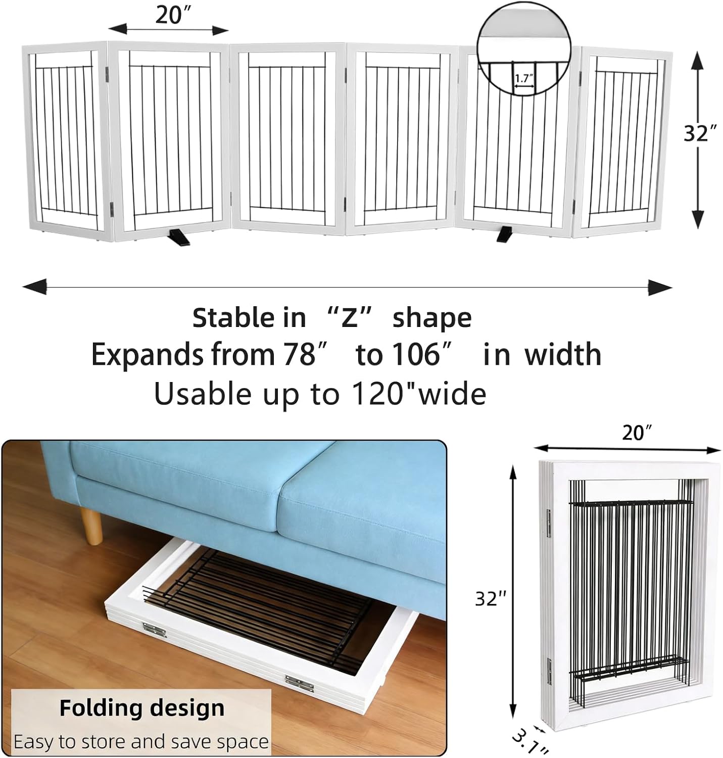 ZJSF Freestanding Dog Gate Indoor, Foldable Dog Fence for Doorways,Hallways or Stairs, Sturdy Wood Extra Wide Pet Gate with Support Feet,White,32 "Height-6 Panels