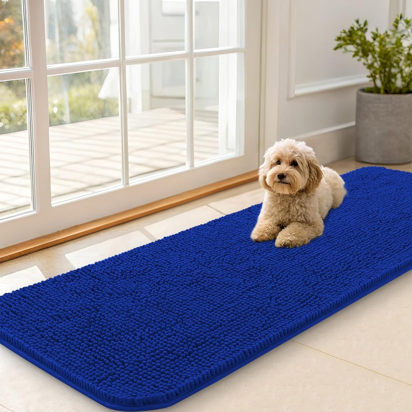 OLANLY Dog Door Mat for Muddy Paws 59x20, Absorbs Moisture and Dirt, Absorbent Non-Slip Washable Doormat, Quick Dry Chenille Mud Mat for Dogs, Entry Indoor Entryway Carpet for Inside Floor, Royal Blue