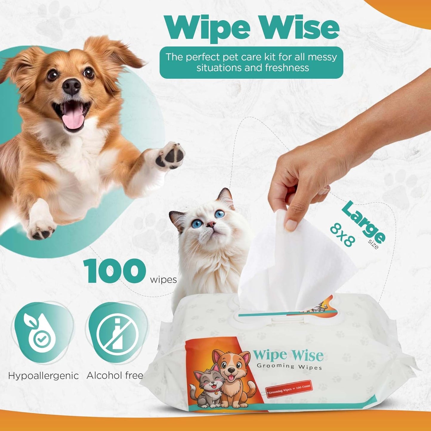 100 Pet Wipes (8x8'' Unscented) - 100 Ear Wipes (Coconut) - 50 Dental Wipes (Mint Infused) for Dogs & Cats, 250 Wipes, Alcohol-Free, Safe & Gentle- Great Value Bundle, Pet Care