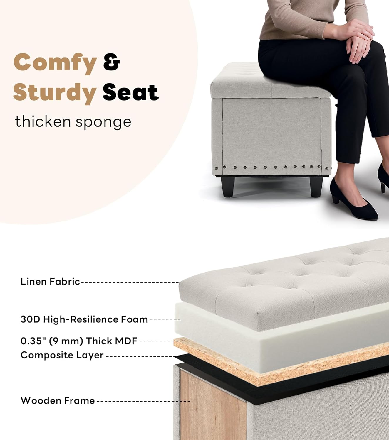 Tbfit Ottoman with Storage, 50.8" Upholstered Button Tufted End of Bed Bench with Safety Hinge & Rivets, Large Entryway Bench, Foot Rest Stool for Bedroom, Living Room (Beige)