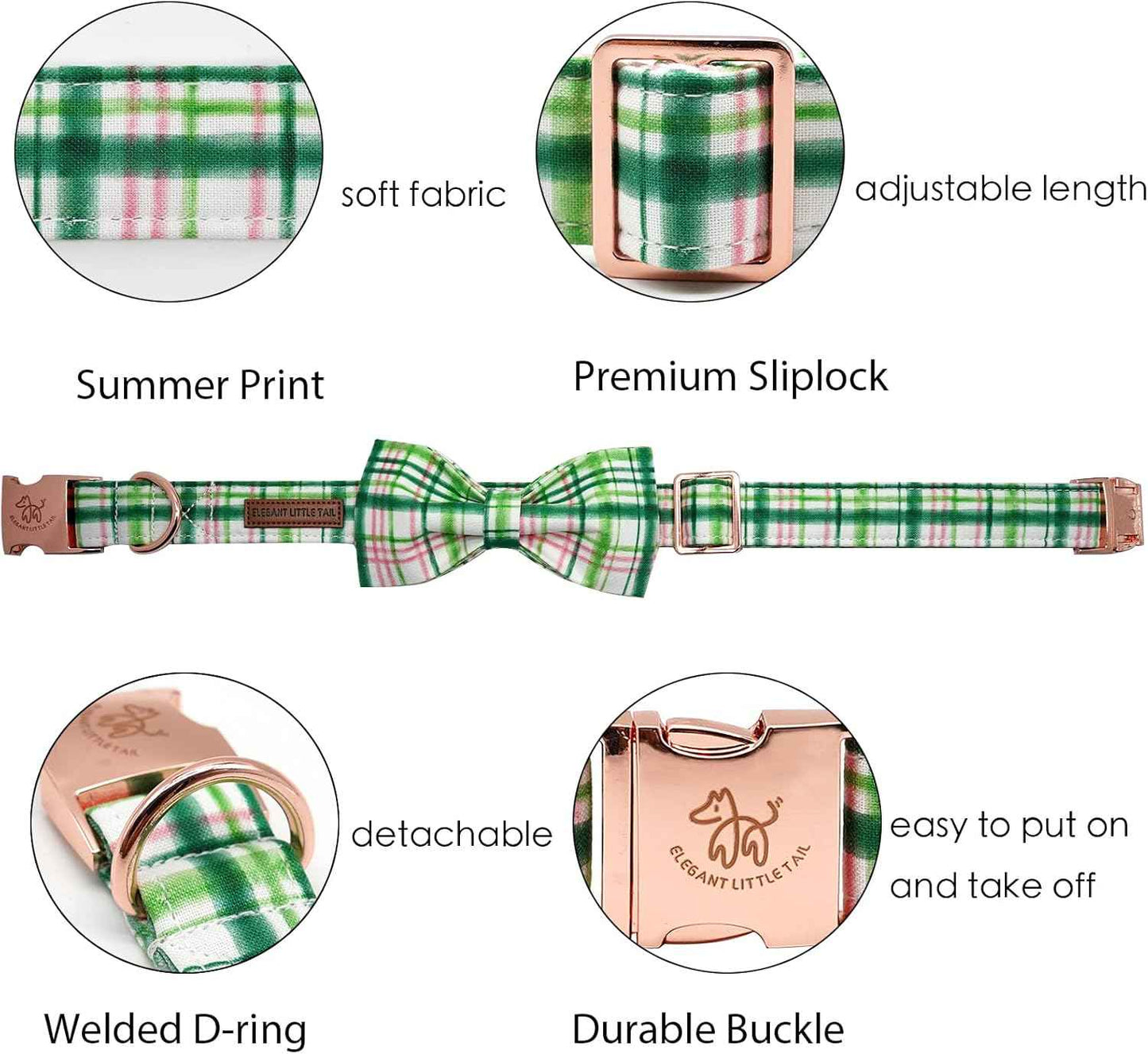 Elegant little tail Dog Collar with Bow - Pink with Green Plaid Boy or Girl Dog Collar Cute Bowtie Pet Collar Adjustable Dog Collar for Large Dogs
